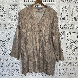 Stillman Studio Lamb Leather Leaf Pattern & Mesh Metallic Button Up Jacket Sz 3X